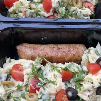 Mediterraanse stamppot met saucijs (vegetarisch mogelijk)