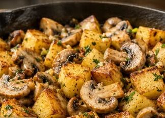 Kipfilet, kruidige champignons, gebakken aardappels